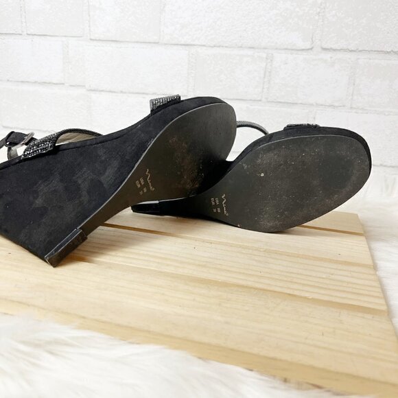 Nina Adila Black Wedge Rhinestone Slingback Open Toe Sandal Women's Size 9M - Picture 8 of 9